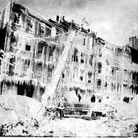 B+W photo of the Blizzard of 1899 with a fire at 308, 310, 312 Clinton St., Feb. 9, 1899.