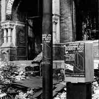 B+W photo of the exterior front entrance of the fire-destroyed Uptown Recreation Center (No. 2), 1201 Willow Ave., Hoboken, no date (ca. 1968-72).