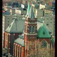 Color slide of aerial view of Our Lady of Grace Roman Catholic church at 400 Willow on the NW corner of Willow & 4th