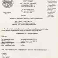 Agenda, Hoboken Historic Preservation Commission, Hoboken, December 9, 2003.