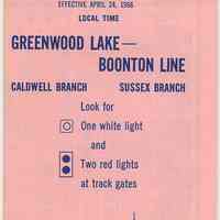 Timetable: Erie Lackawanna R.R., Suburban Time Tables; Greenwood Lake - Boonton Line; Caldwell Branch, Sussex Branch, eff. Apr. 24, 1966.
