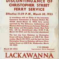 Sign: End of Christopher Street Ferry Service on March 30, 1955, Lackawanna Railroad, posted March 29, 1955.