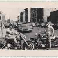 B+W photos,2, of Ducky Fontana, Jr.? &another man on motorcycles, 5th & Madison Sts., Hoboken, n.d., ca. 1950s.