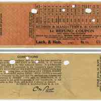 Refund coupon: Hudson & Manhattan Railroad, New Jersey 1 cent coupon. Sept 2, no year (1927-1930.).)