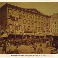 Sepia-tone copy photo of Washington Street at First Street looking northwest, Hoboken, circa 1905.
