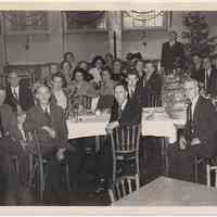 B+W photos, 7, of Hoboken YMCA dinner & activities near Christmas, Dec., ca. 1947-1955.