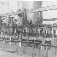 B+W photo of a the upper deck of an unknown ship, upper deck near funnel, Hoboken, no date, ca. 1940.