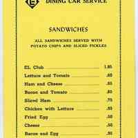 Menu: Dining Car Service, Sandwiches. (Erie Lackwanna Railway, 1969.)