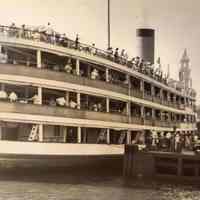 Digital image of sepia-tone photo of people boarding a dayliner for DeSapio Democratic Association outing, Hoboken, no date, ca. 1945-1947.