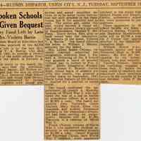 Digital image of newsclipping: Hoboken Schools Given Bequest. Library Fund Left by late Mrs. Violette Barrie. Hudson Dispatch, Sept. 17, 1946.