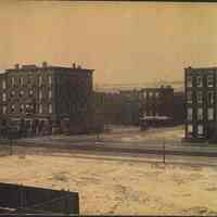 Sepia-tone photo of west side of Ninth & Washington Sts., Hoboken, n.d., ca. 1885 to not later than early 1890.