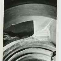 Group of 6 B+W photos of documentation of damage to an unidentified vessel component, at the Bethlehem Steel Shipyard, Hoboken, no date ca. 1950-60.