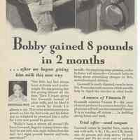 Ad, Cocomalt: Bobby gained 8 pounds in 2 months. By R.B. Davis Co., Hoboken; in Good Housekeeping, Apr, 1931.