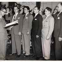 Digital image of b+w photo of swearing-in ceremony for Fred M. DeSapio and other officials, City Hall, Hoboken, May 20,1947.