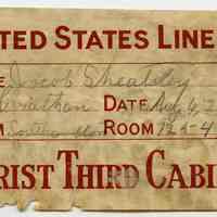 Label, baggage: United States Lines, S.S. Leviathan, Tourist Third Cabin, Baggage Room. Aug. 6, 1929.