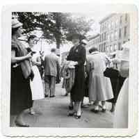 B+W photo of Anne Amoroso near Saints Peter & Paul Church, Hoboken, 1957.