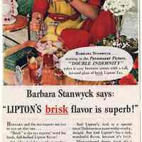 Ad, Lipton Tea, 6: celebrity endorsement ads for Lipton Tea; clipped various magazines, 1944 + 1945.