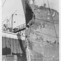 B+W photo of bow damage to the S.S. Delisle in dry dock, Hoboken, Sept. 29, 1942.