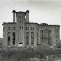 B+W photo of the exterior of the Hudson and Manhattan Powerhouse in Jersey City, no date, ca. 1998.