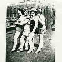 Black-and-white photocopy of photo of Phillis Russo, Connie Costa, Mary Ratti & Carrie Ratti in bathing suits on the roof of 721 Adams St., Hob., 1935