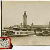 Sepia-tone photo of Lackawanna R.R. ferry Montclair departing from Lackawanna Terminal, Hoboken, n.d., ca. 1915-1920.