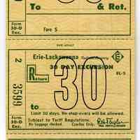 Ticket, transportation: Erie-Lackawanna Railroad Co. 30 Day Excursion - Blank Destination. Unused. N.d., ca. 1961-1965.