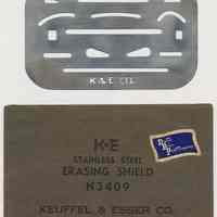 Erasing shield N3409; stamped metal with K&E logo. Made by Keuffel & Esser Co., n.d., ca. 1942-1955.