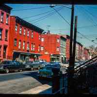 Color slide of eye-level view of row houses looking N on Garden from the SE corner with 7th