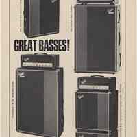 Advertisement: Guild Bass Amps manufactured by Guild Musical Instruments, Hoboken, N.J. N.d., ca. 1970-1974.