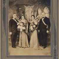 Sepia-tone studio group photo with Mildred Marion "Molly" Pescatore, left woman, at an Italian society function, Hoboken, no date, ca. 1935.