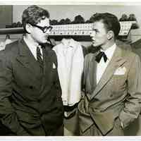 Sinatra photo: Frank Sinatra & Norman Corwin discussing upcoming American Unity Prize to be awarded to Sinatra in Dec., Paramount Theatre, N.Y., ca. Nov. 16, 1945.