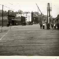 B+W photo looking north across Willow Ave. from S.E. corner of 17th St.; streetcar tracks & freight rail crossing, Hoboken, n.d., (1927).