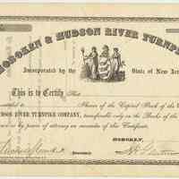 Stock certificate: Hoboken & Hudson River Turnpike Company; 185_; partially issued, ca. 1857-1861.