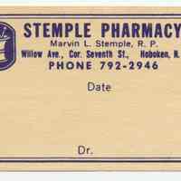 Printed blank label for prescription container from Stemple Pharmacy, 266 Seventh St., Hoboken, no date, ca. 1950.