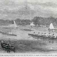 B+W photocopy of article with illustration of rowing, boat, race, Hoboken, 1866.