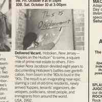 Handbill: Thirtieth N.Y. Film Festival, 1992. "Delivered Vacant" by Nora Jacobson, film about Hoboken advertised.