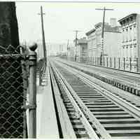 B+W copy photo of a view looking west from the eastbound elevated railway station at Henderson and Ferry Streets, Hoboken, 1948.