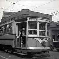 B+W negative of Hoboken bound Public Service streetcar no. 2648 near Public Service trolley barns, Jersey City, no date circa 1930-1940.