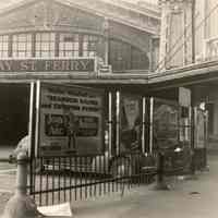 Black-and-white photo of parking and entrance to the railroad Waiting Room, Lackawanna Terminal, Hoboken, January 30, 1949.