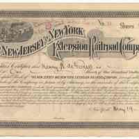 Stock certificate: The New Jersey & New York Extension Railroad Co.. Issued to Henry W. de Forest for 1 share of capital stock;N.Y., May 19, 1896.