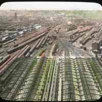 Lantern slide, color tint: [D.L.& W. R.R., Hoboken] 12695 - From Top of Tower over Delaware, Lackawanna & Western Station. Underwood & Underwood. (N.d., probably 1907-1908.)