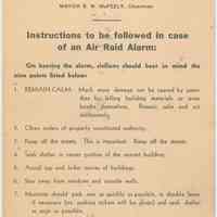 Wall sign, 5" x 7" paper, "Instructions to be followed in case of an Air Raid Alarm," Hoboken, no date, ca. 1942-45.