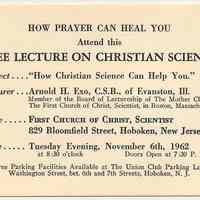 Announcement: lecture at First Church of Christ, Scientist, 829 Bloomfield St., Hoboken, Nov. 6, 1962.