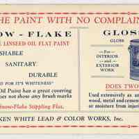 Blotter, ink: Snow-Flake Paint; Elysian Gloss-Cote Paint. Manufactured by Hoboken White Lead & Color Works, Hoboken, N.J. N.d., ca. 1920-1930.