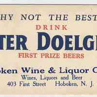 Blotter, ink: Hoboken Wine & Liquor Co. Inc, 403 First St., Hoboken, n.d., ca. 1936-1946.