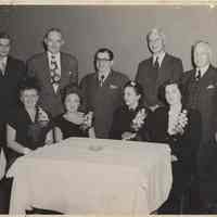 B+W photo of a meeting, no place (Hoboken?), no date, circa 1940s.