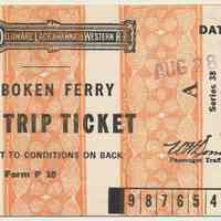 Ticket: Hoboken Ferry. Ten Trip Ticket. Lackawanna R.R. / D.L. & W. R.R. Sold Aug. 18, 1942.