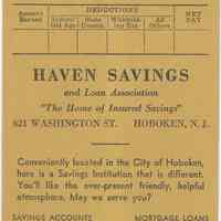 Envelope, pay, imprinted Haven Savings and Loan Association, 621 Washington St., Hoboken, no date, ca. 1975-1990.