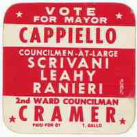 Political sticker: Vote for Mayor Cappiello; Councilmen-at-Large Scrivani, Leahy, Ranieri; 2nd Ward Councilman Cramer (Hoboken, ca. 1973.)