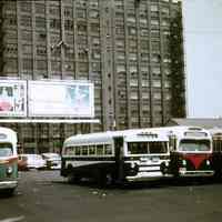 Color slide photo of Washington Street buses parked at north end of Washington St., Hoboken, n.d, ca. 1974.